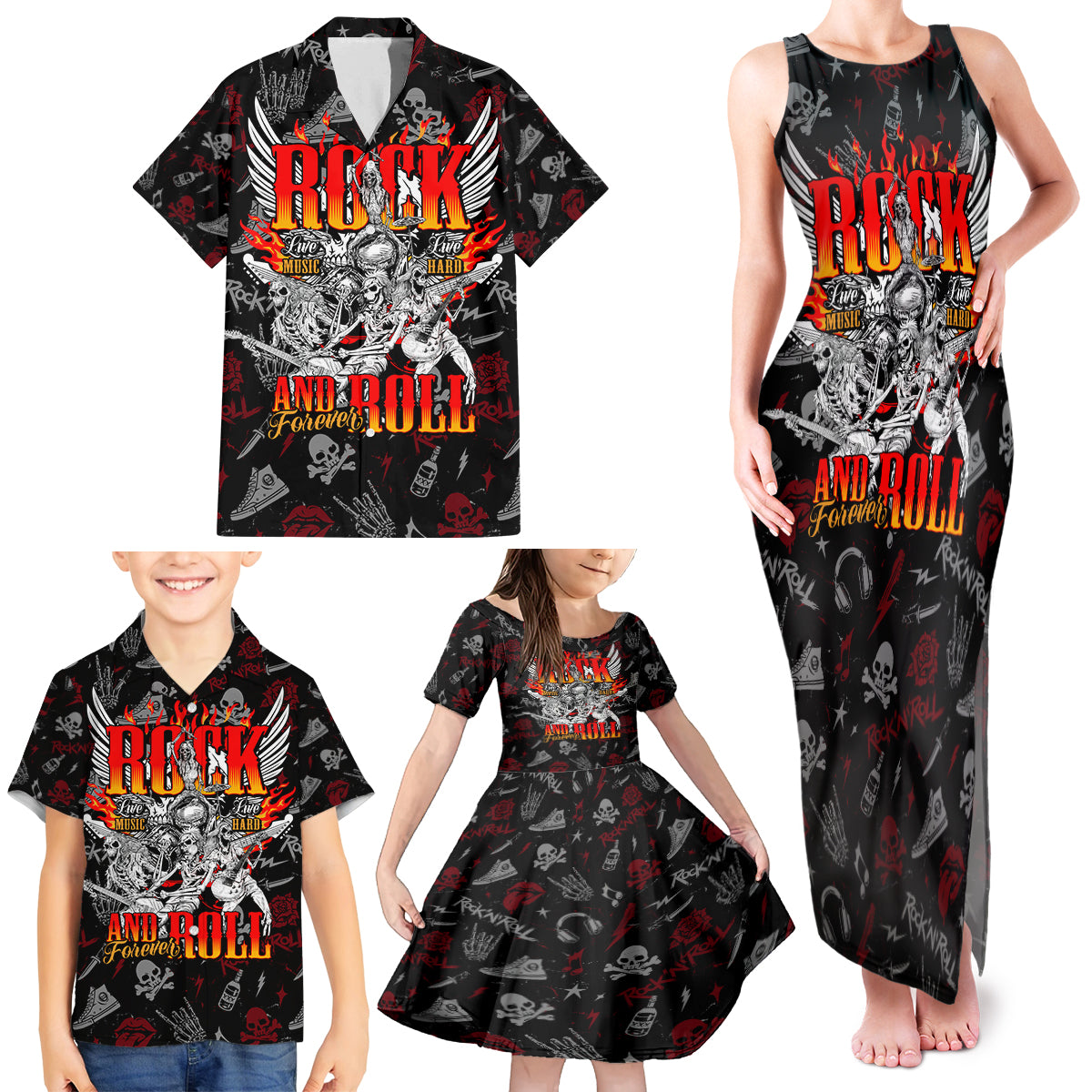 Rock And Roll Skull Forever Family Matching Tank Maxi Dress and Hawaiian Shirt - Wonder Print Shop
