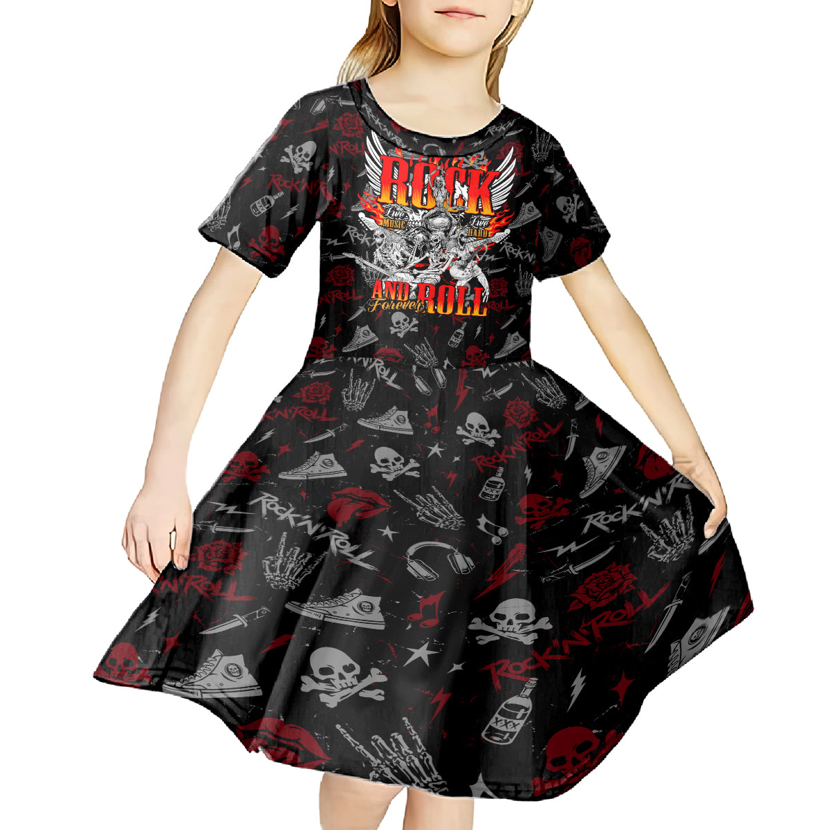 Rock And Roll Skull Forever Kid Short Sleeve Dress - Wonder Print Shop