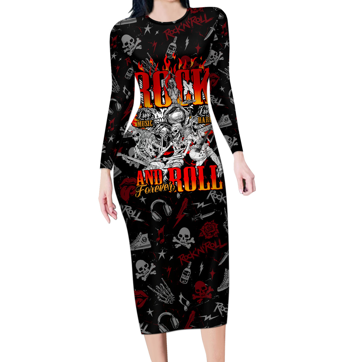 Rock And Roll Skull Forever Long Sleeve Bodycon Dress - Wonder Print Shop