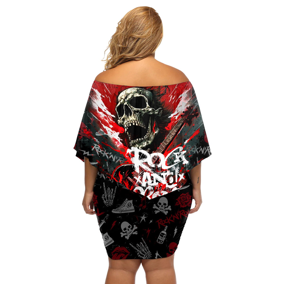 Rock And Roll Skull Forever Off Shoulder Short Dress - Wonder Print Shop
