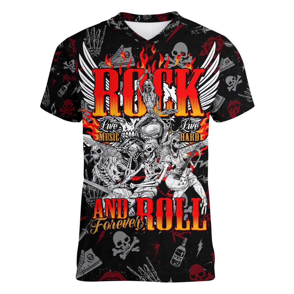 Rock And Roll Skull Forever Women V Neck T Shirt - Wonder Print Shop