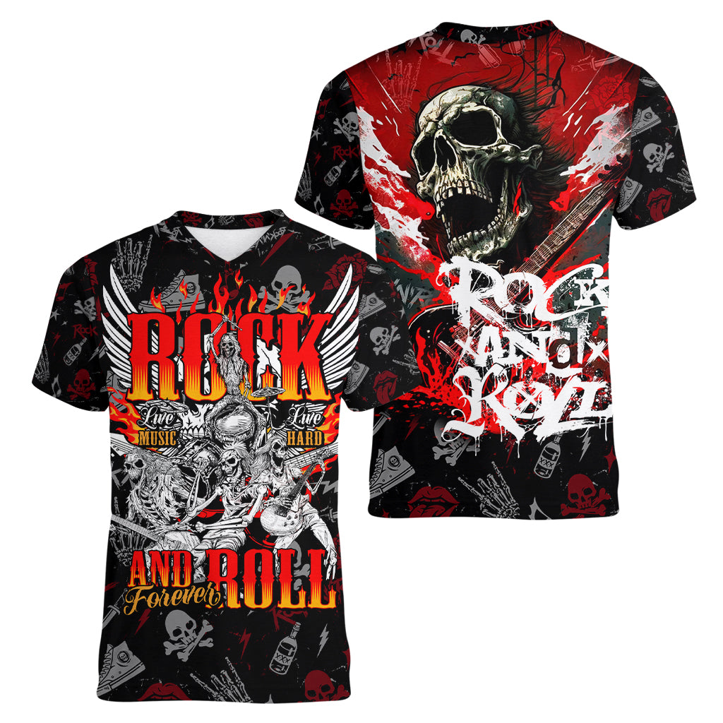 Rock And Roll Skull Forever Women V Neck T Shirt - Wonder Print Shop
