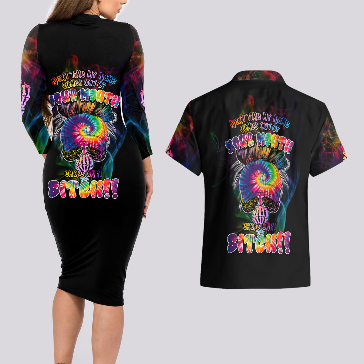 Next Time My Name Comes Out Of Your Mouth Couples Matching Long Sleeve Bodycon Dress and Hawaiian Shirt - Wonder Print Shop