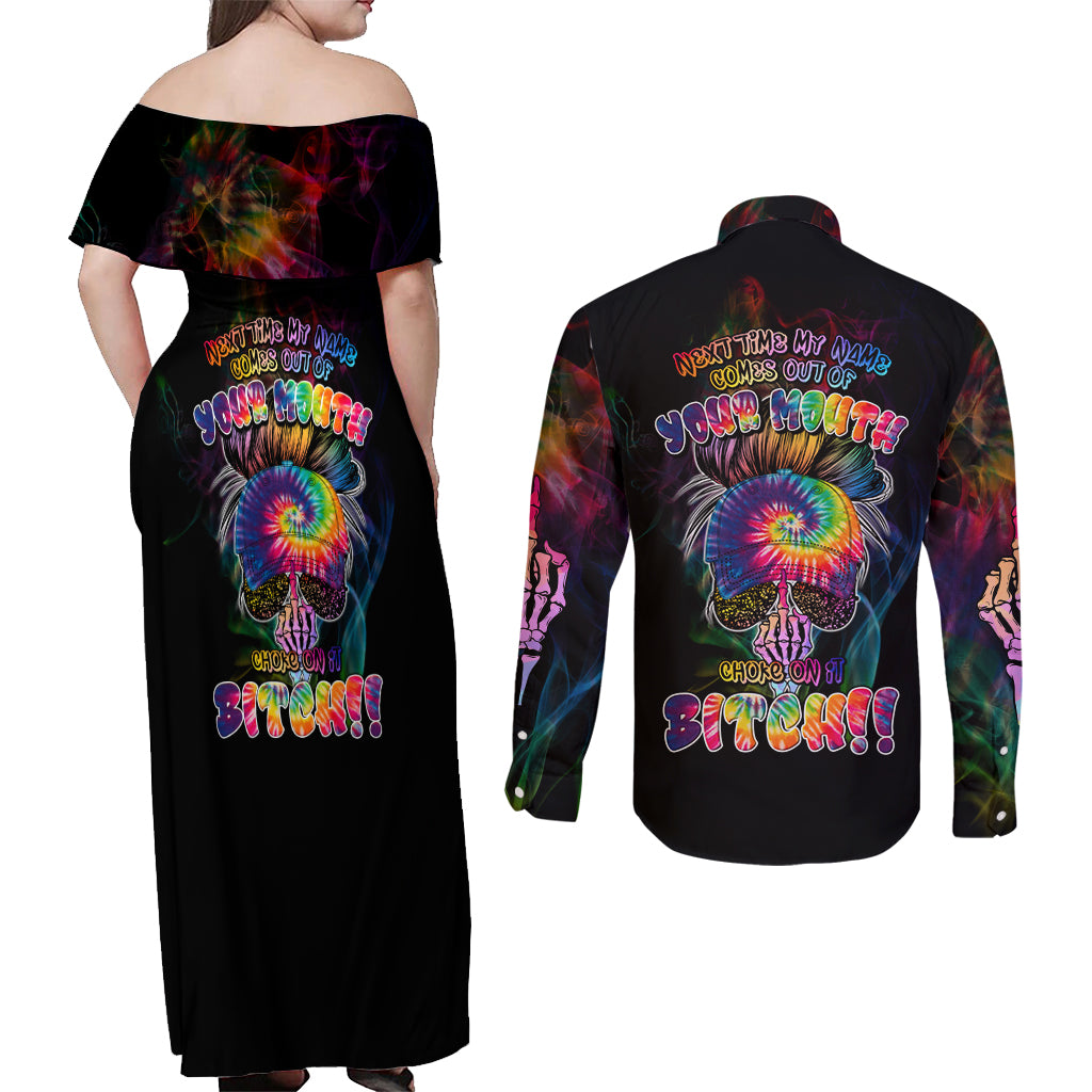 Next Time My Name Comes Out Of Your Mouth Couples Matching Off Shoulder Maxi Dress and Long Sleeve Button Shirts - Wonder Print Shop