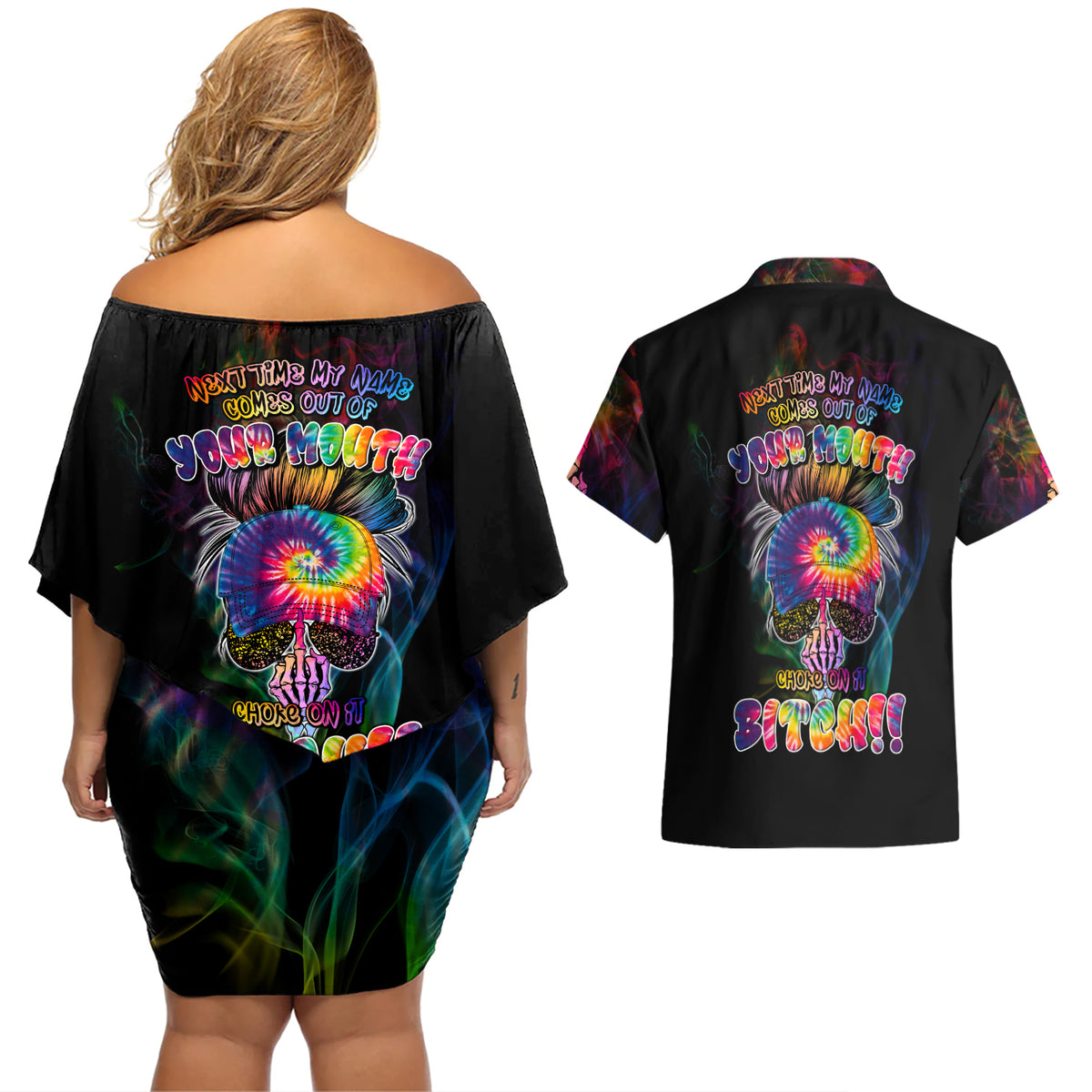 Next Time My Name Comes Out Of Your Mouth Couples Matching Off Shoulder Short Dress and Hawaiian Shirt - Wonder Print Shop