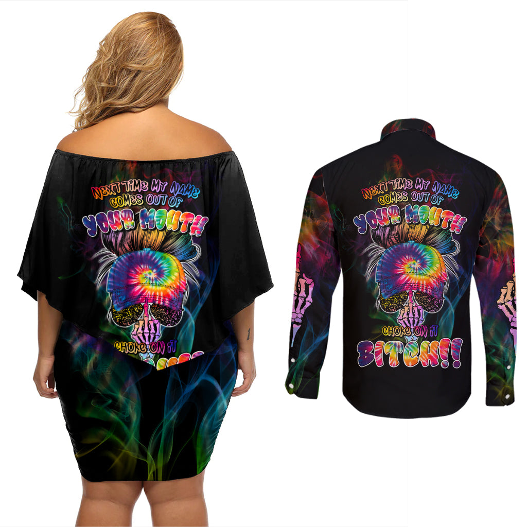 Next Time My Name Comes Out Of Your Mouth Couples Matching Off Shoulder Short Dress and Long Sleeve Button Shirts - Wonder Print Shop