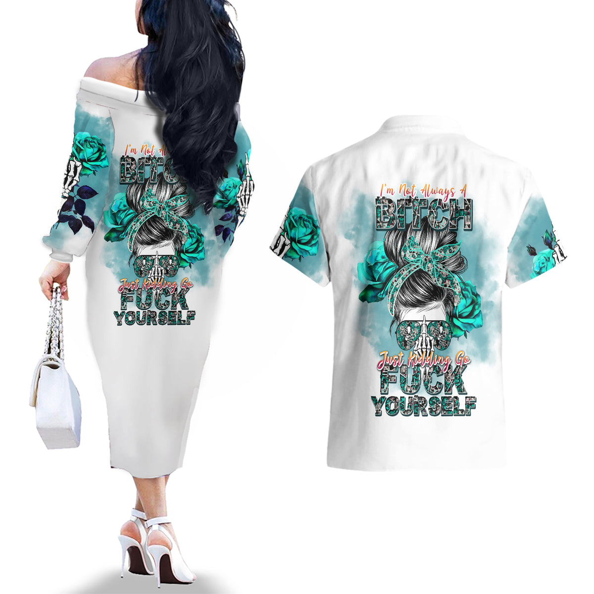 Im Not Always A Bitch Just Kidding Go Fuck Yourself Couples Matching Off The Shoulder Long Sleeve Dress and Hawaiian Shirt - Wonder Print Shop