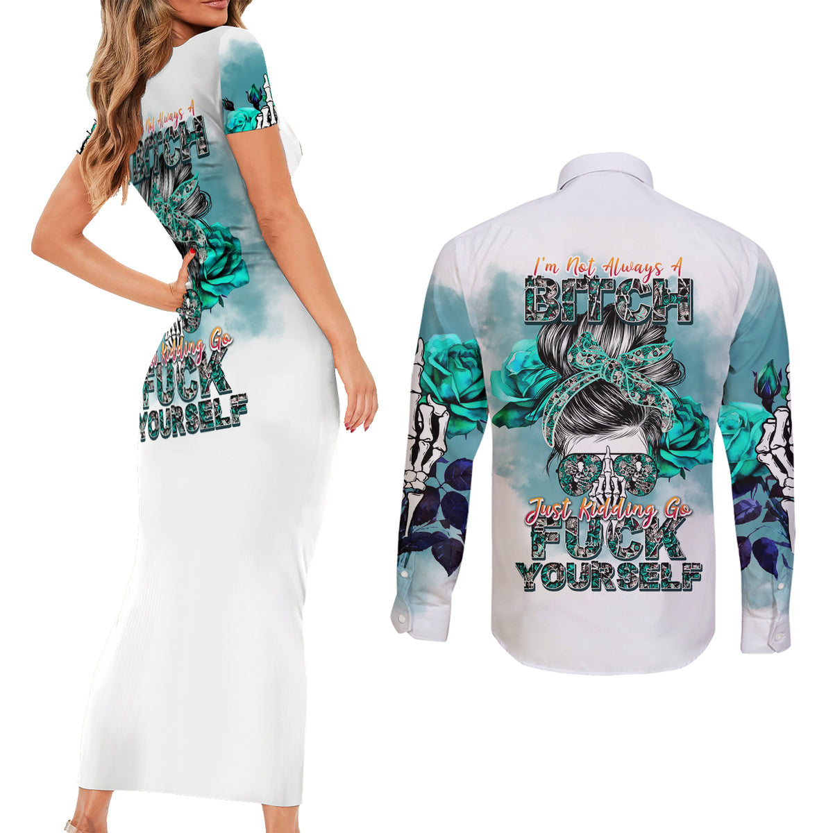 Im Not Always A Bitch Just Kidding Go Fuck Yourself Couples Matching Short Sleeve Bodycon Dress and Long Sleeve Button Shirts - Wonder Print Shop