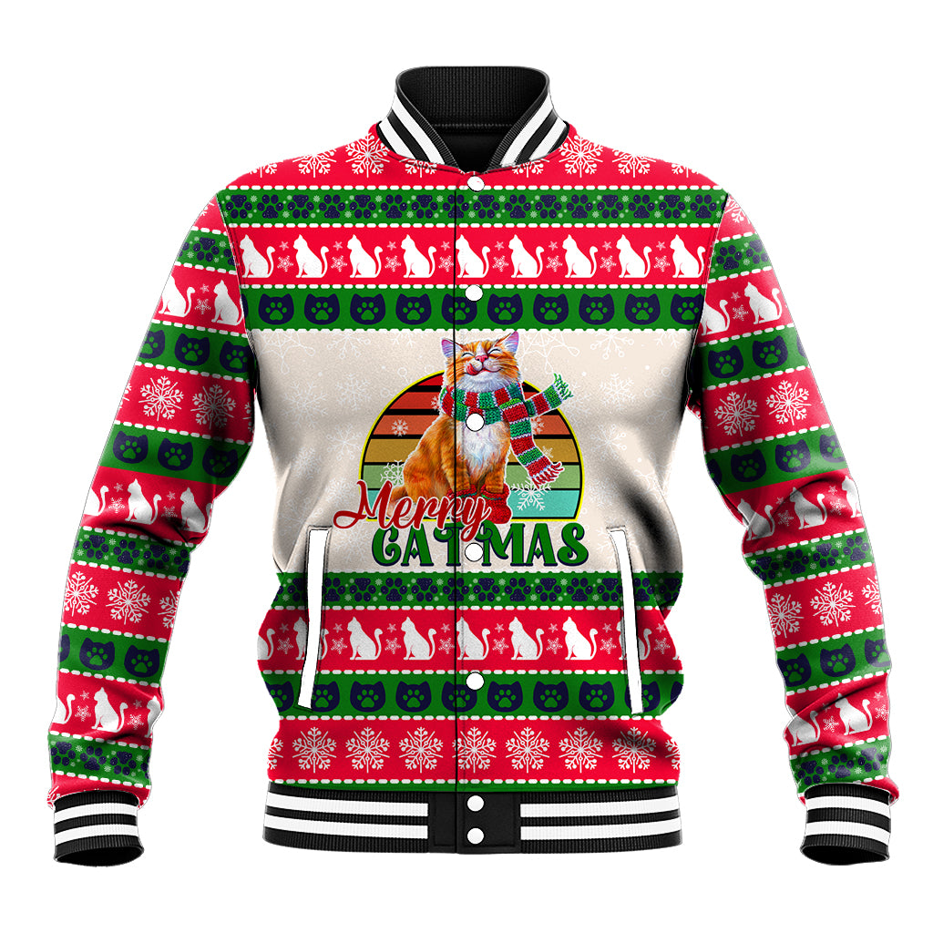 Merry Christmas Cat Baseball Jacket Meowy Catmas Xmas Tree - Wonder Print Shop