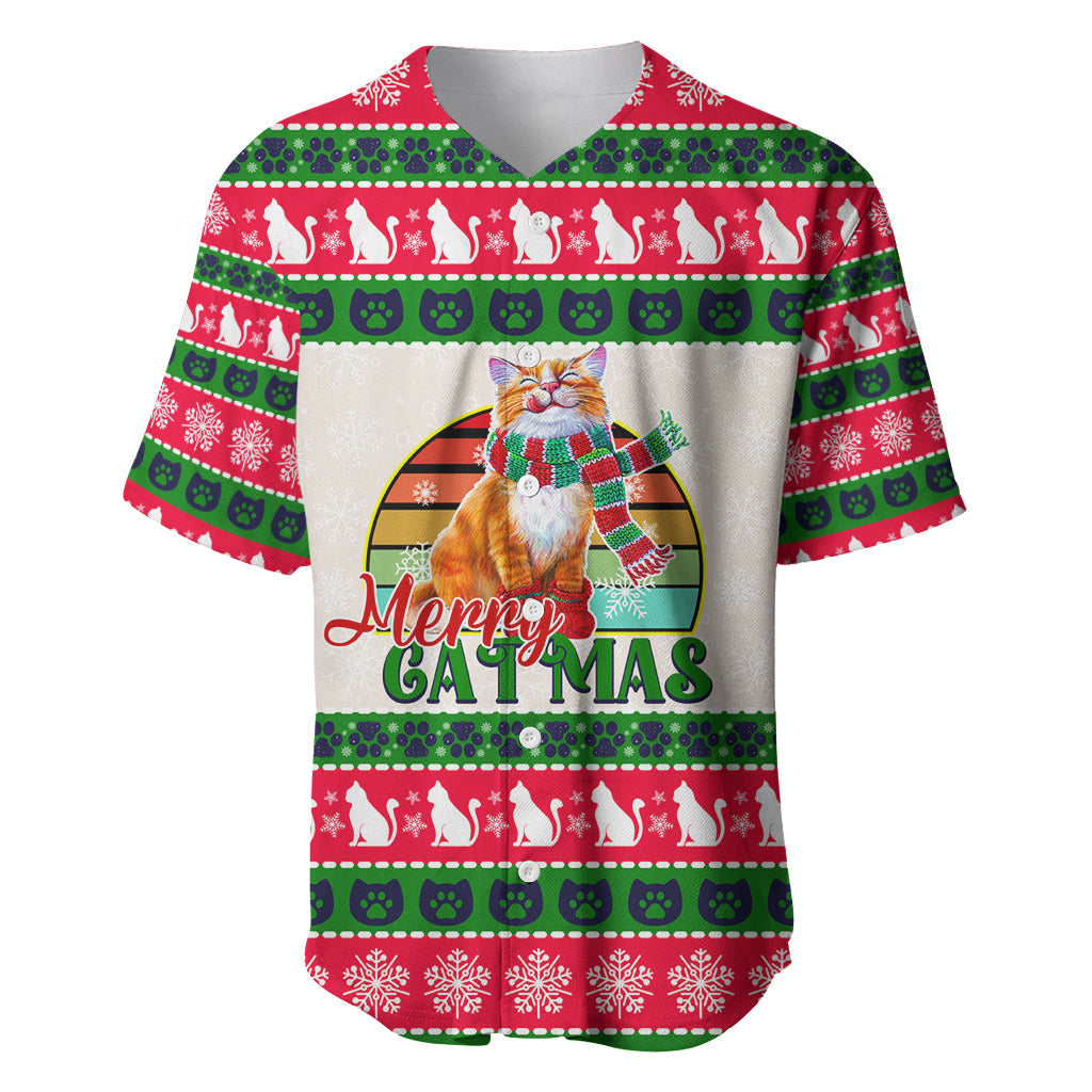 Merry Christmas Cat Baseball Jersey Meowy Catmas Xmas Tree - Wonder Print Shop