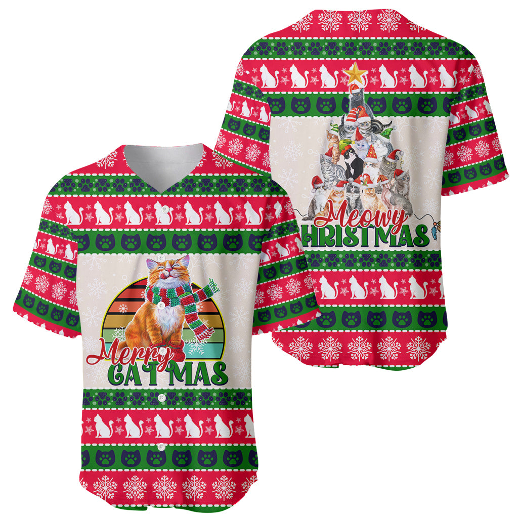 Merry Christmas Cat Baseball Jersey Meowy Catmas Xmas Tree - Wonder Print Shop