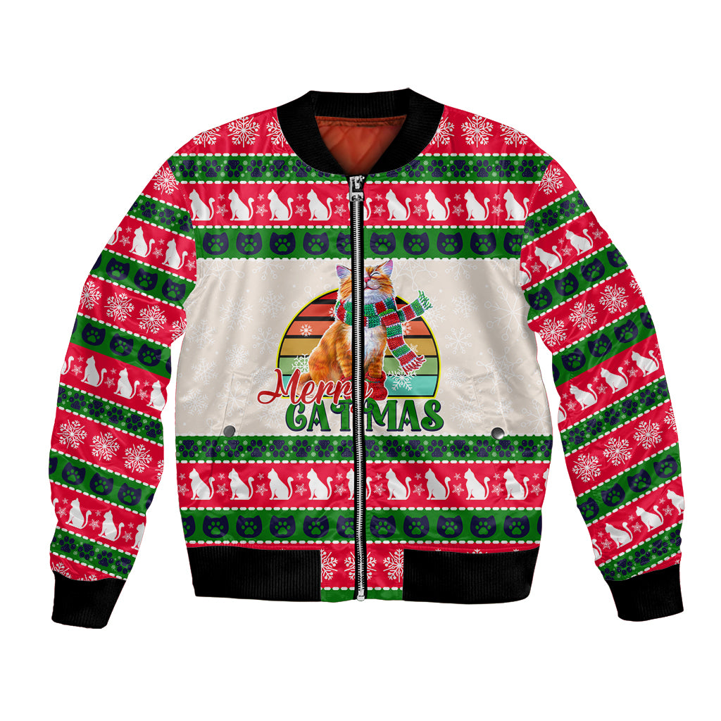 Merry Christmas Cat Bomber Jacket Meowy Catmas Xmas Tree - Wonder Print Shop