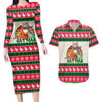 Merry Christmas Cat Couples Matching Long Sleeve Bodycon Dress and Hawaiian Shirt Meowy Catmas Xmas Tree - Wonder Print Shop