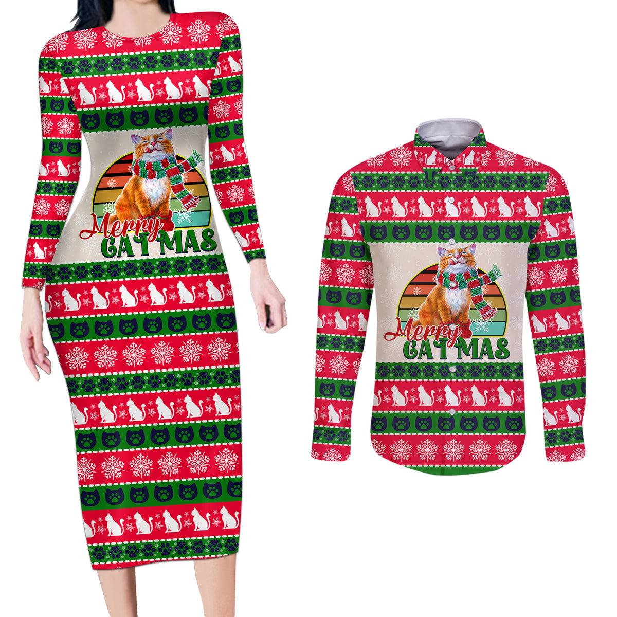 Merry Christmas Cat Couples Matching Long Sleeve Bodycon Dress and Long Sleeve Button Shirt Meowy Catmas Xmas Tree - Wonder Print Shop