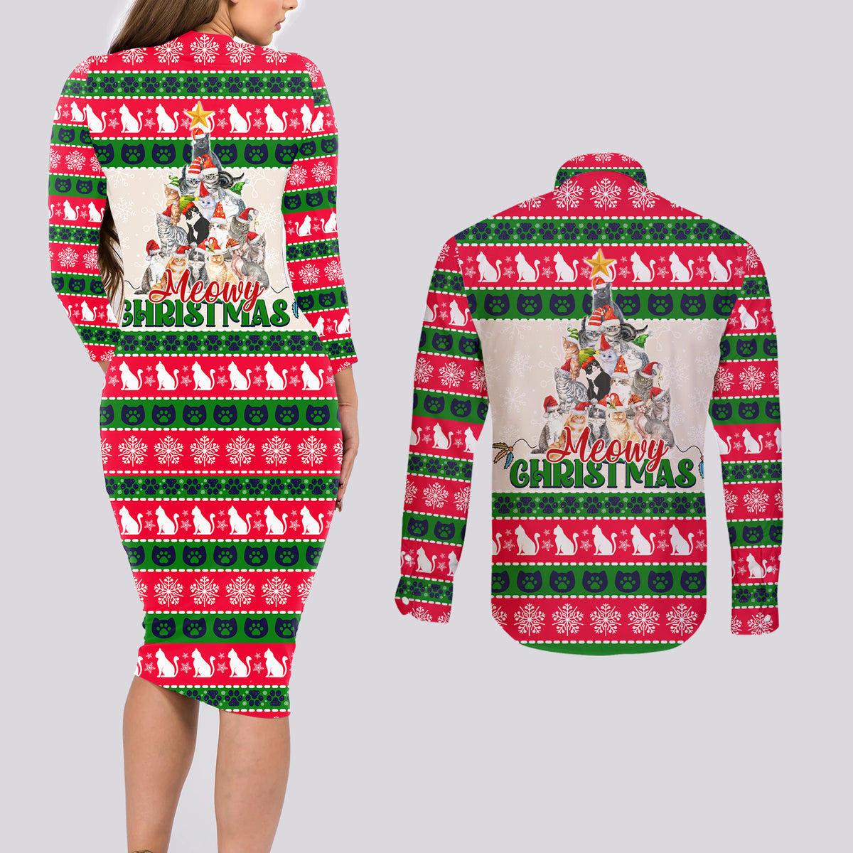 Merry Christmas Cat Couples Matching Long Sleeve Bodycon Dress and Long Sleeve Button Shirt Meowy Catmas Xmas Tree - Wonder Print Shop