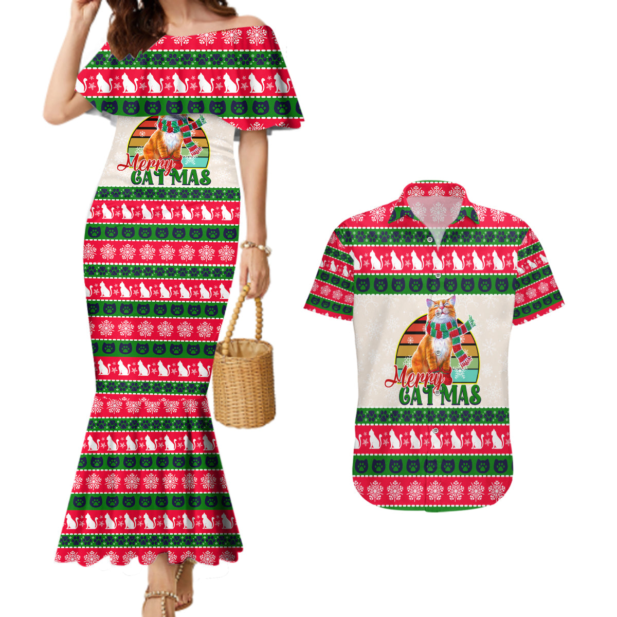 Merry Christmas Cat Couples Matching Mermaid Dress and Hawaiian Shirt Meowy Catmas Xmas Tree - Wonder Print Shop