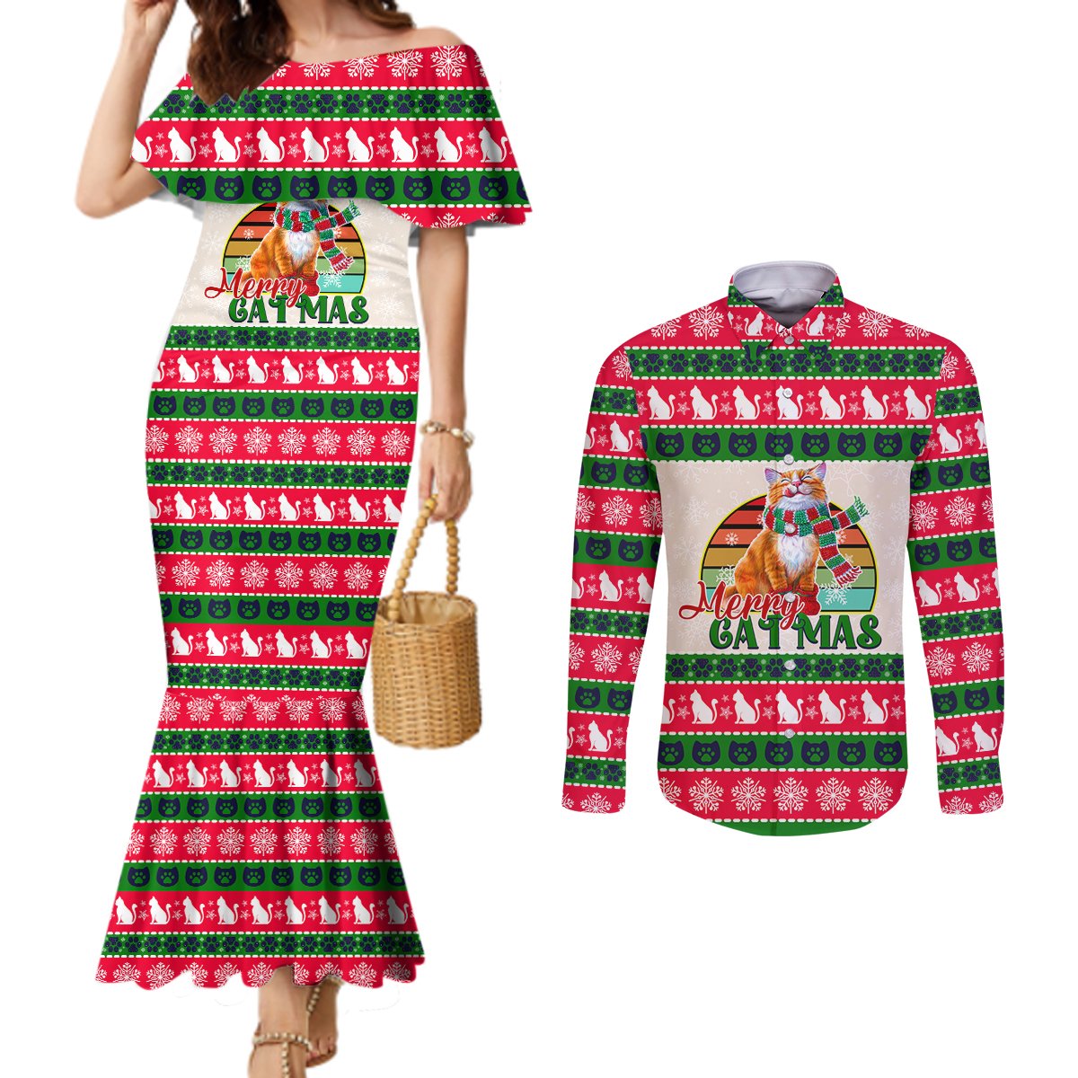 merry-christmas-cat-couples-matching-mermaid-dress-and-long-sleeve-button-shirt-meowy-catmas-xmas-tree