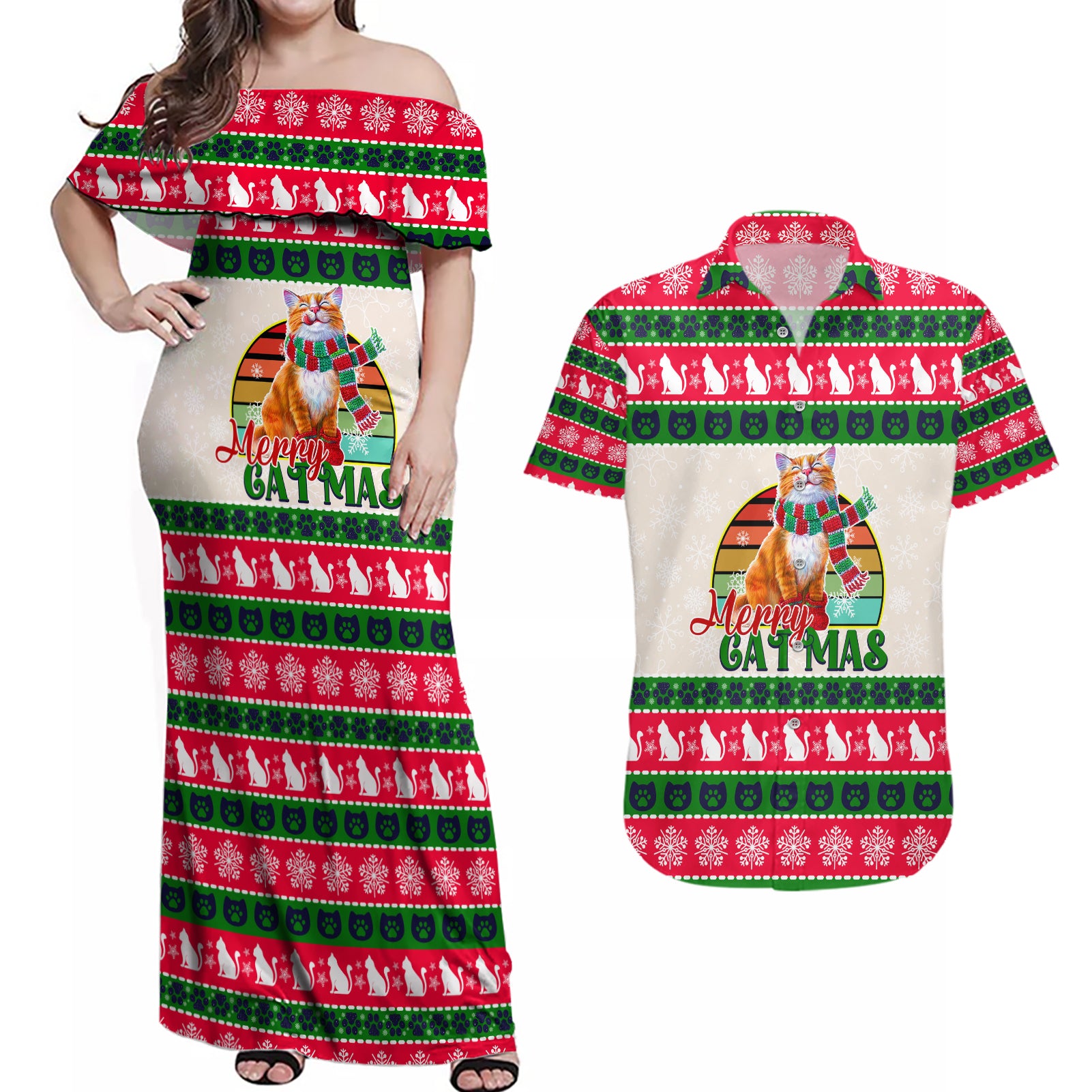 Merry Christmas Cat Couples Matching Off Shoulder Maxi Dress and Hawaiian Shirt Meowy Catmas Xmas Tree - Wonder Print Shop