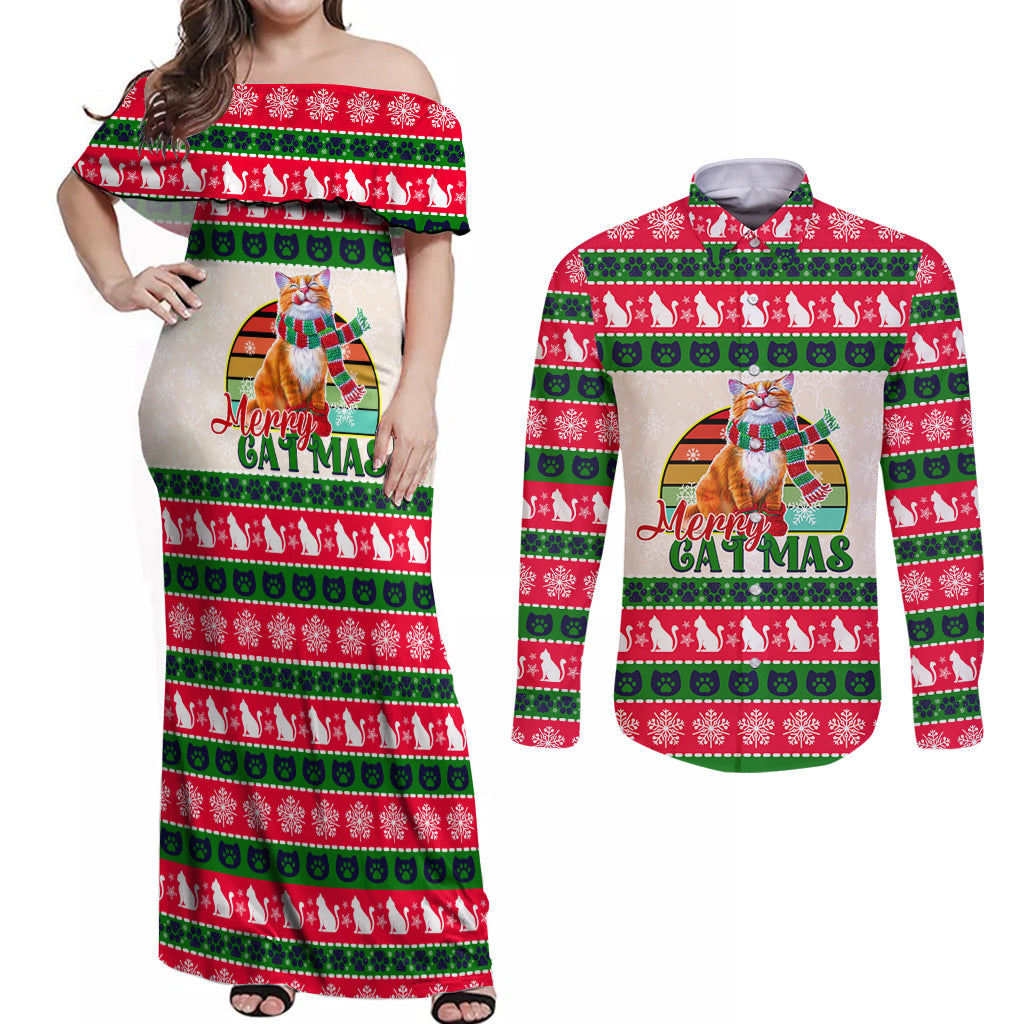 Merry Christmas Cat Couples Matching Off Shoulder Maxi Dress and Long Sleeve Button Shirt Meowy Catmas Xmas Tree - Wonder Print Shop