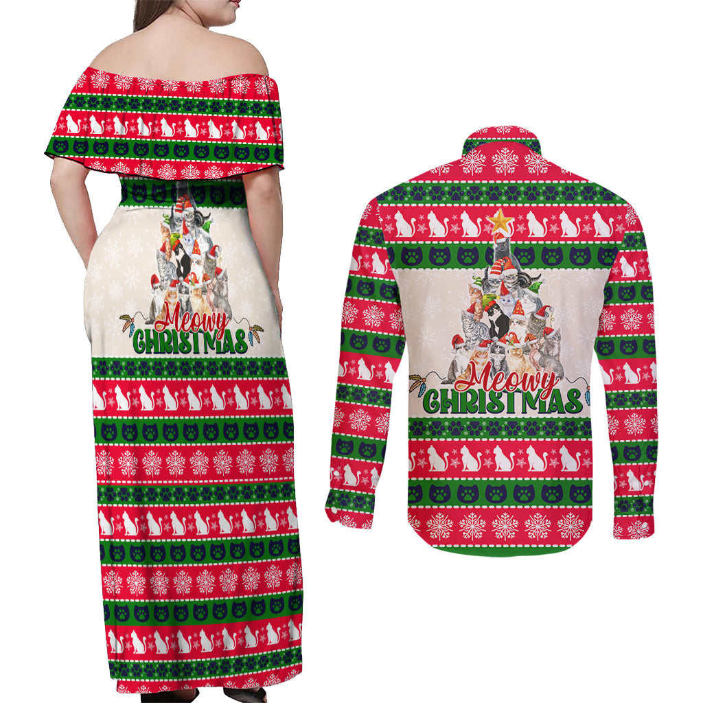 Merry Christmas Cat Couples Matching Off Shoulder Maxi Dress and Long Sleeve Button Shirt Meowy Catmas Xmas Tree - Wonder Print Shop