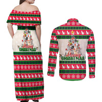 Merry Christmas Cat Couples Matching Off Shoulder Maxi Dress and Long Sleeve Button Shirt Meowy Catmas Xmas Tree - Wonder Print Shop