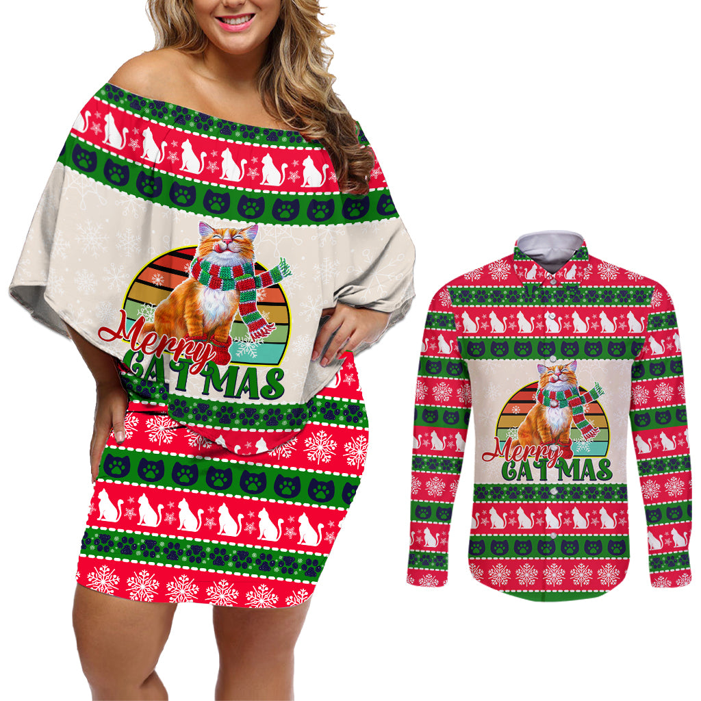 Merry Christmas Cat Couples Matching Off Shoulder Short Dress and Long Sleeve Button Shirt Meowy Catmas Xmas Tree - Wonder Print Shop