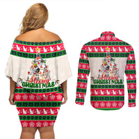 Merry Christmas Cat Couples Matching Off Shoulder Short Dress and Long Sleeve Button Shirt Meowy Catmas Xmas Tree - Wonder Print Shop