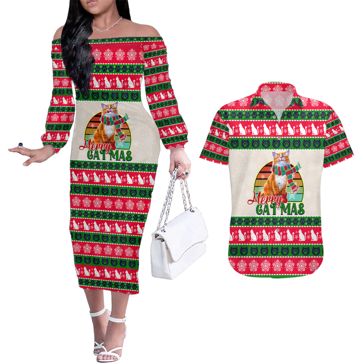 Merry Christmas Cat Couples Matching Off The Shoulder Long Sleeve Dress and Hawaiian Shirt Meowy Catmas Xmas Tree - Wonder Print Shop