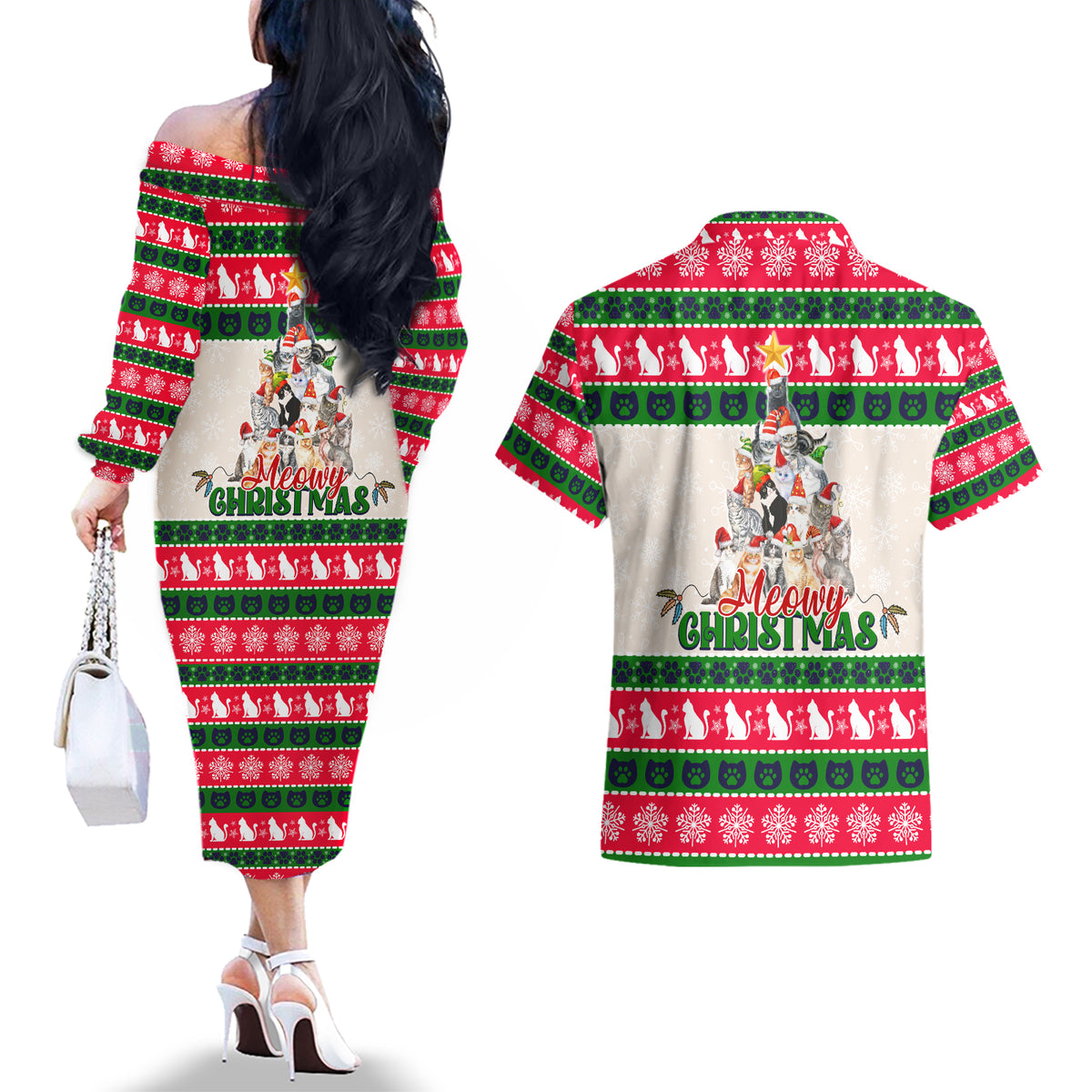 Merry Christmas Cat Couples Matching Off The Shoulder Long Sleeve Dress and Hawaiian Shirt Meowy Catmas Xmas Tree - Wonder Print Shop