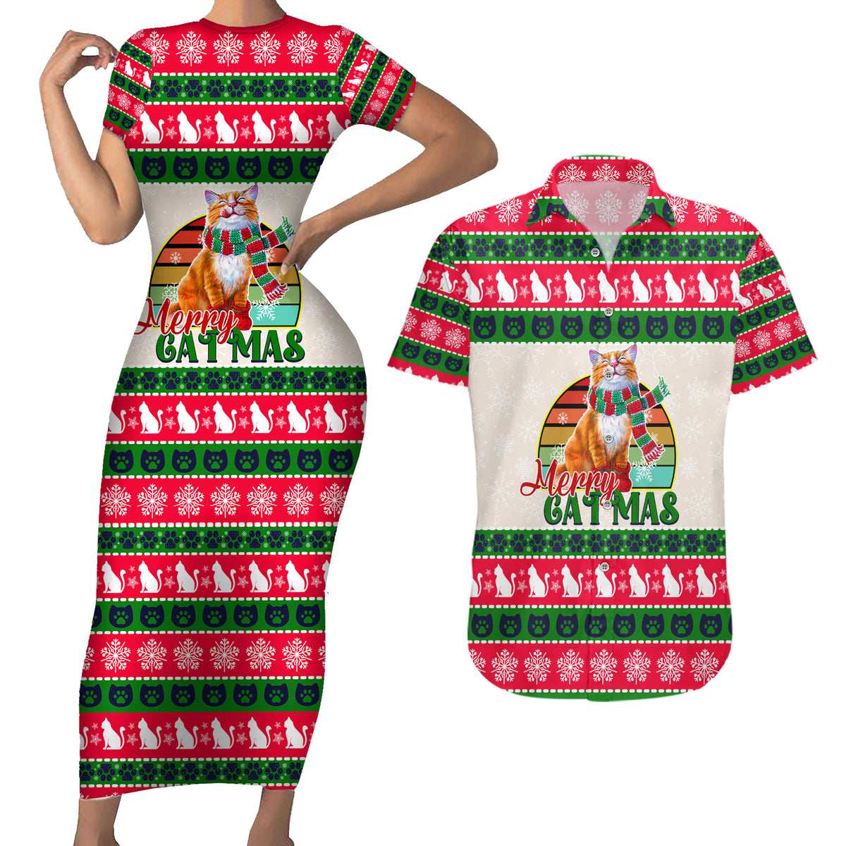 Merry Christmas Cat Couples Matching Short Sleeve Bodycon Dress and Hawaiian Shirt Meowy Catmas Xmas Tree - Wonder Print Shop