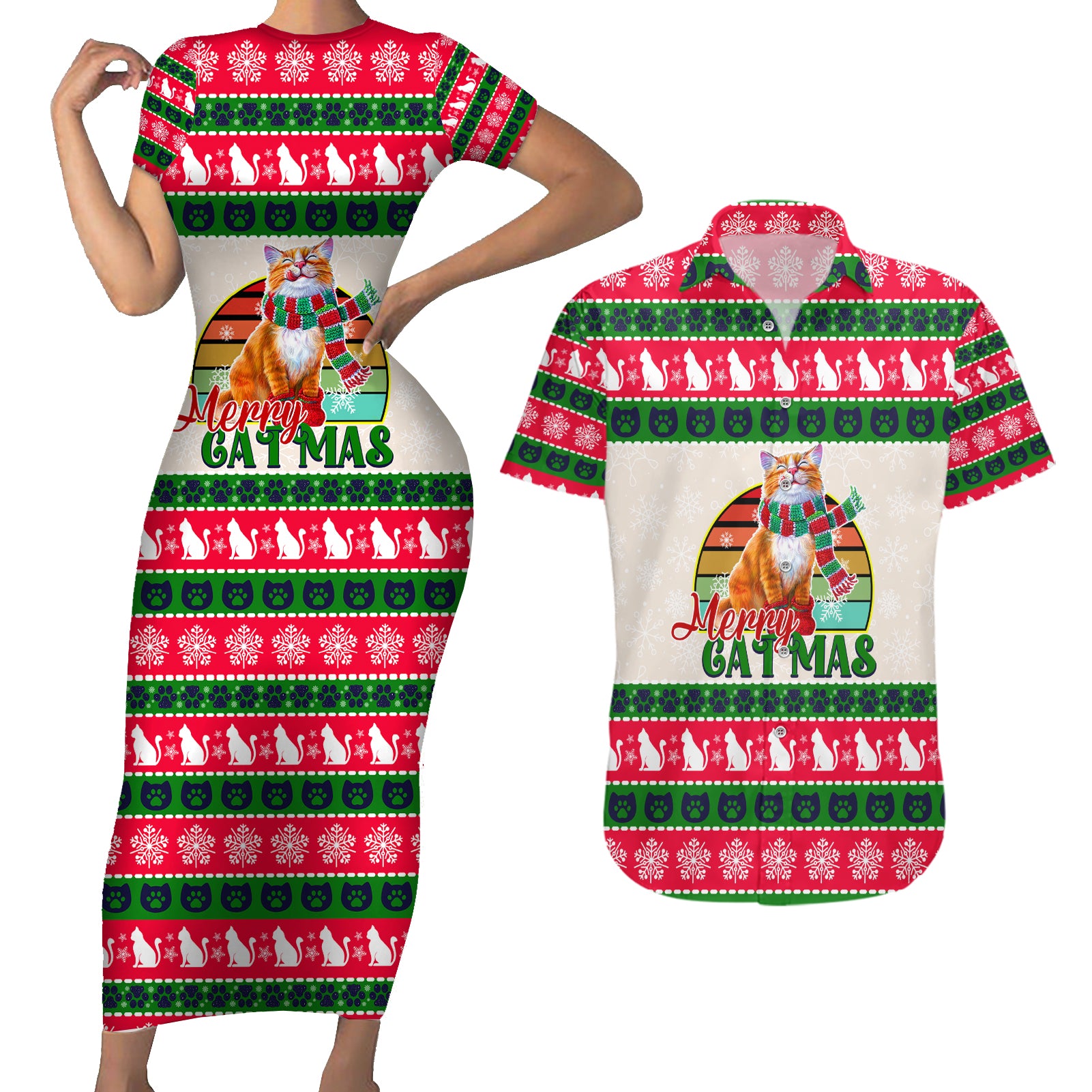 Merry Christmas Cat Couples Matching Short Sleeve Bodycon Dress and Hawaiian Shirt Meowy Catmas Xmas Tree - Wonder Print Shop