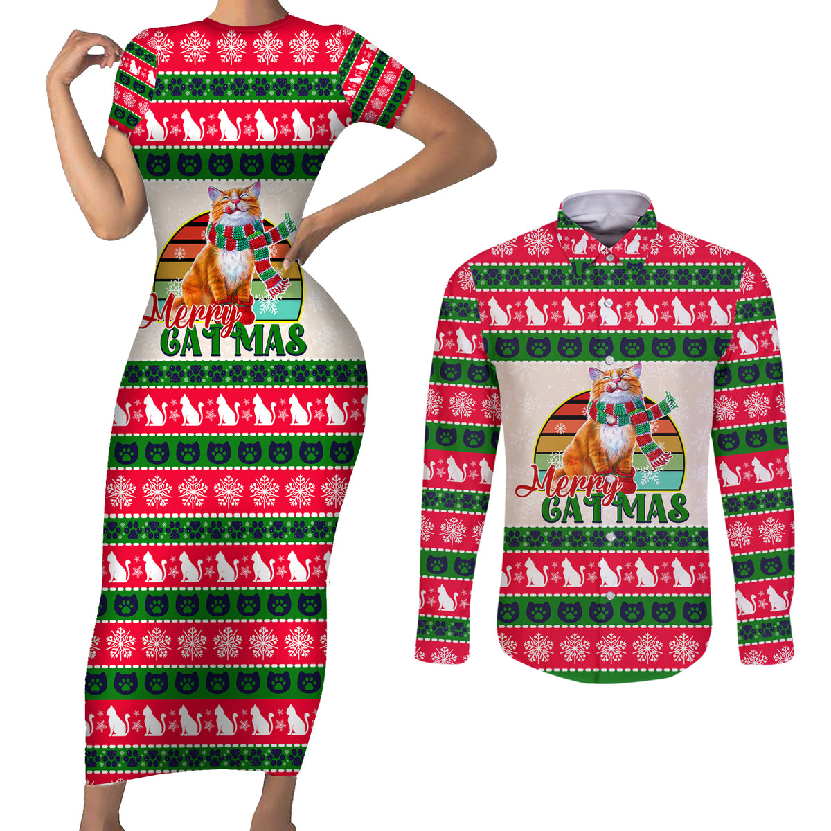 Merry Christmas Cat Couples Matching Short Sleeve Bodycon Dress and Long Sleeve Button Shirt Meowy Catmas Xmas Tree - Wonder Print Shop
