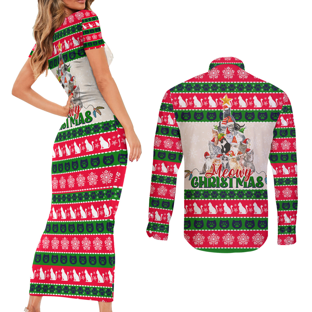 Merry Christmas Cat Couples Matching Short Sleeve Bodycon Dress and Long Sleeve Button Shirt Meowy Catmas Xmas Tree - Wonder Print Shop
