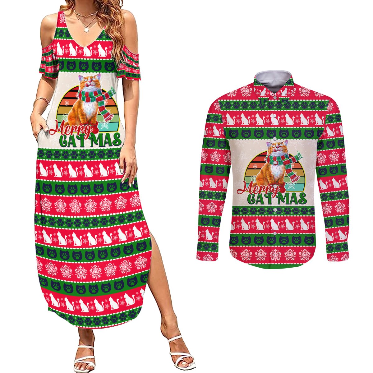 Merry Christmas Cat Couples Matching Summer Maxi Dress and Long Sleeve Button Shirt Meowy Catmas Xmas Tree - Wonder Print Shop