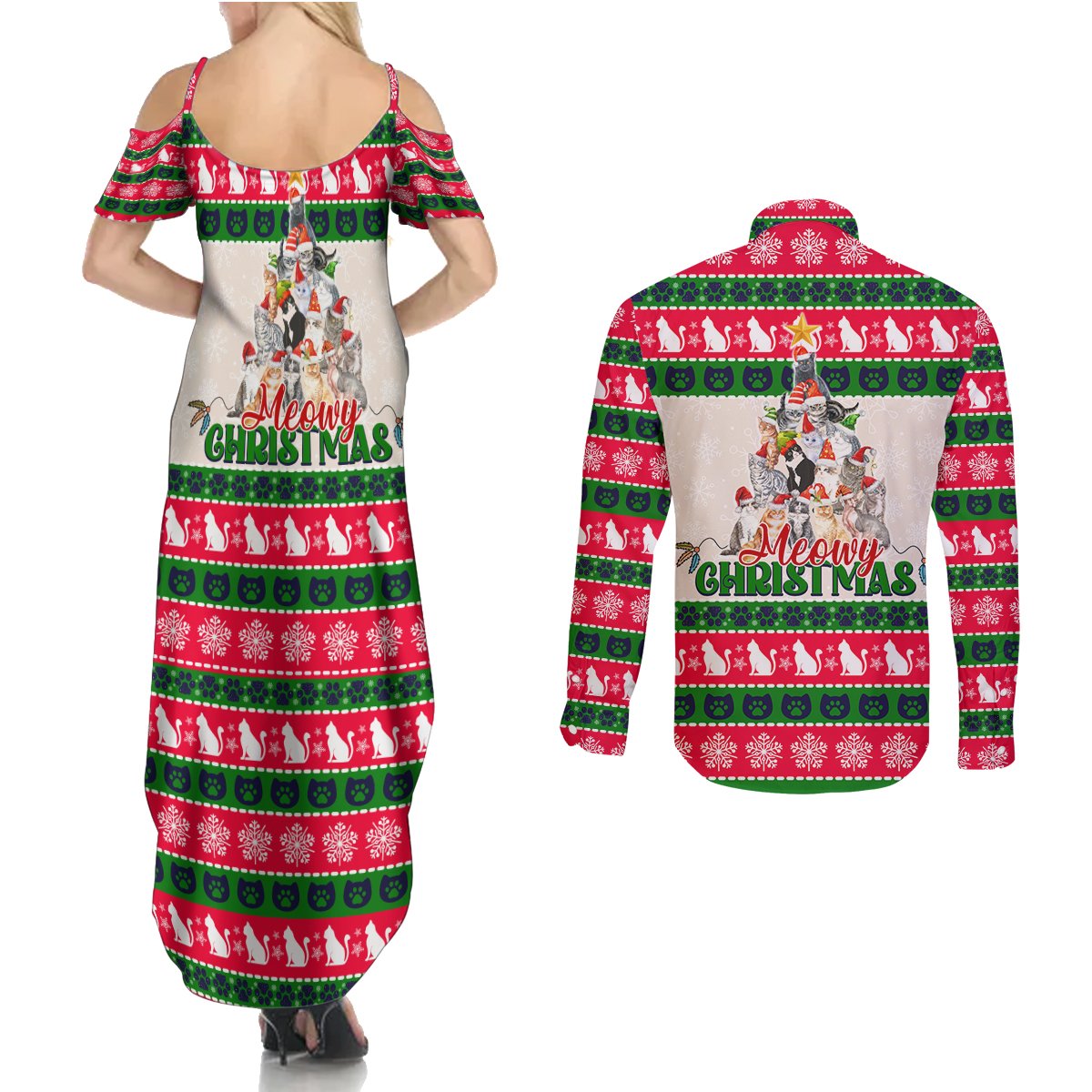 Merry Christmas Cat Couples Matching Summer Maxi Dress and Long Sleeve Button Shirt Meowy Catmas Xmas Tree - Wonder Print Shop