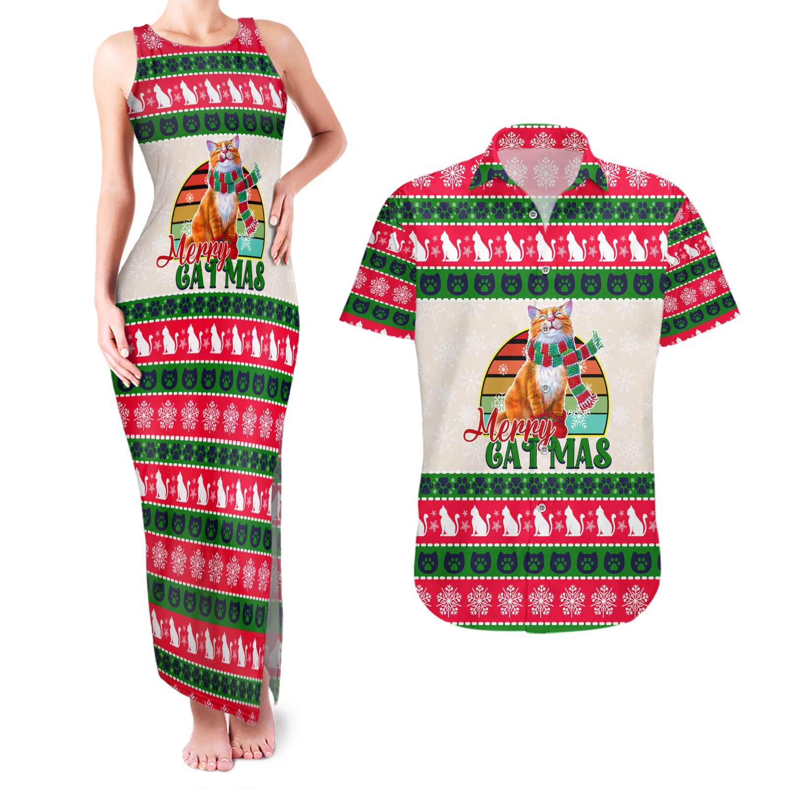 Merry Christmas Cat Couples Matching Tank Maxi Dress and Hawaiian Shirt Meowy Catmas Xmas Tree - Wonder Print Shop