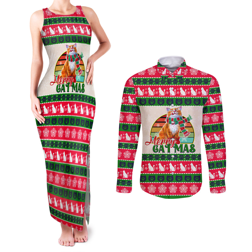 Merry Christmas Cat Couples Matching Tank Maxi Dress and Long Sleeve Button Shirt Meowy Catmas Xmas Tree - Wonder Print Shop