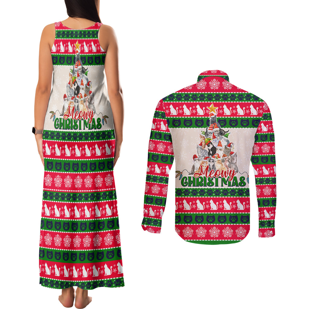 Merry Christmas Cat Couples Matching Tank Maxi Dress and Long Sleeve Button Shirt Meowy Catmas Xmas Tree - Wonder Print Shop