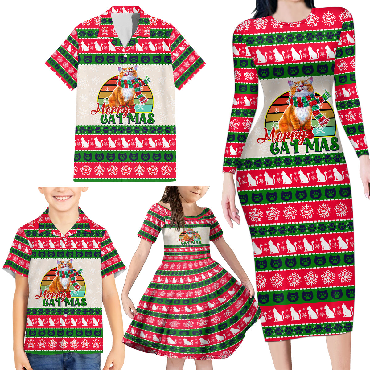 Merry Christmas Cat Family Matching Long Sleeve Bodycon Dress and Hawaiian Shirt Meowy Catmas Xmas Tree - Wonder Print Shop