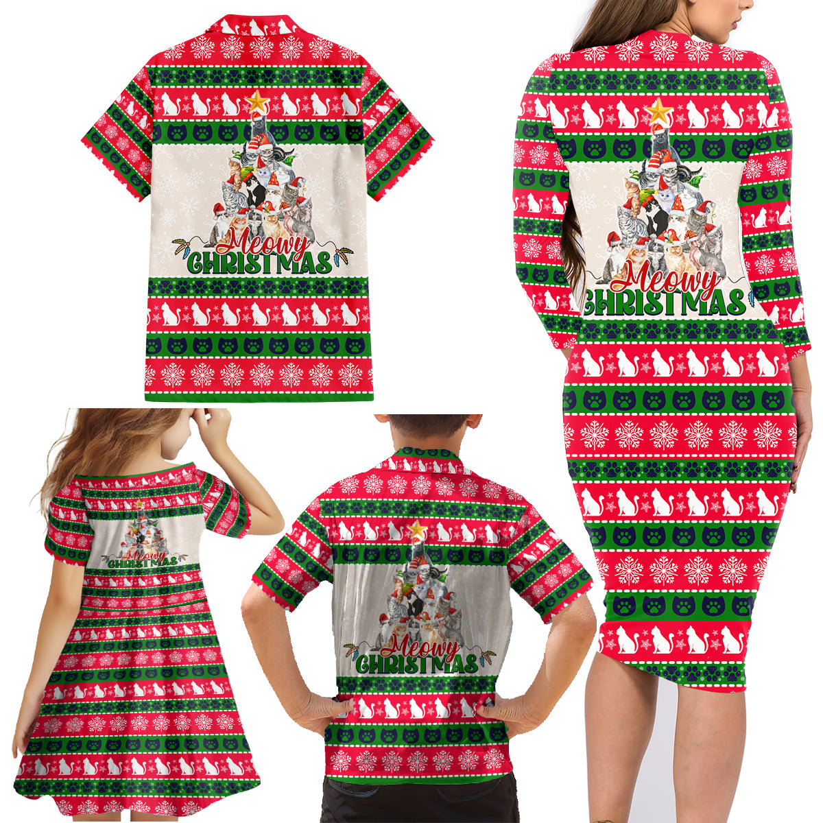 Merry Christmas Cat Family Matching Long Sleeve Bodycon Dress and Hawaiian Shirt Meowy Catmas Xmas Tree - Wonder Print Shop