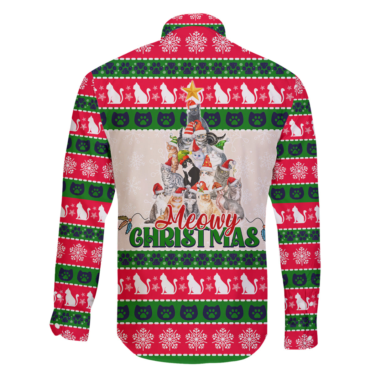 Merry Christmas Cat Family Matching Long Sleeve Bodycon Dress and Hawaiian Shirt Meowy Catmas Xmas Tree - Wonder Print Shop