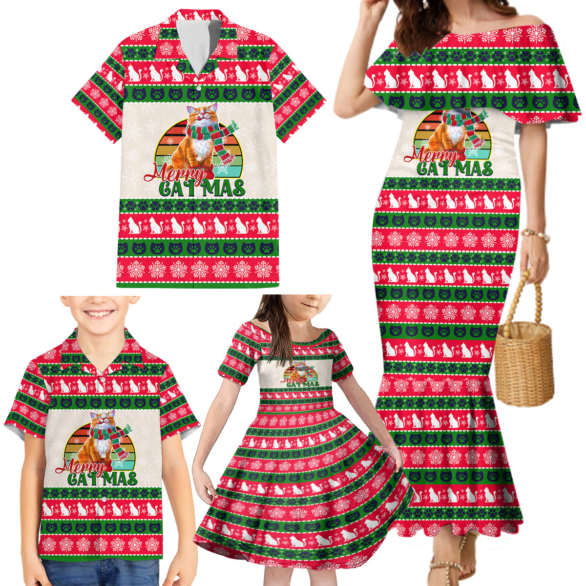 Merry Christmas Cat Family Matching Mermaid Dress and Hawaiian Shirt Meowy Catmas Xmas Tree - Wonder Print Shop