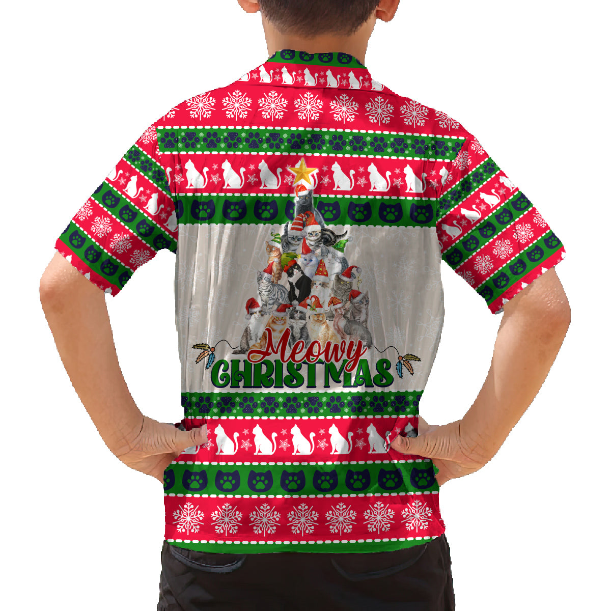 Merry Christmas Cat Family Matching Off Shoulder Long Sleeve Dress and Hawaiian Shirt Meowy Catmas Xmas Tree - Wonder Print Shop