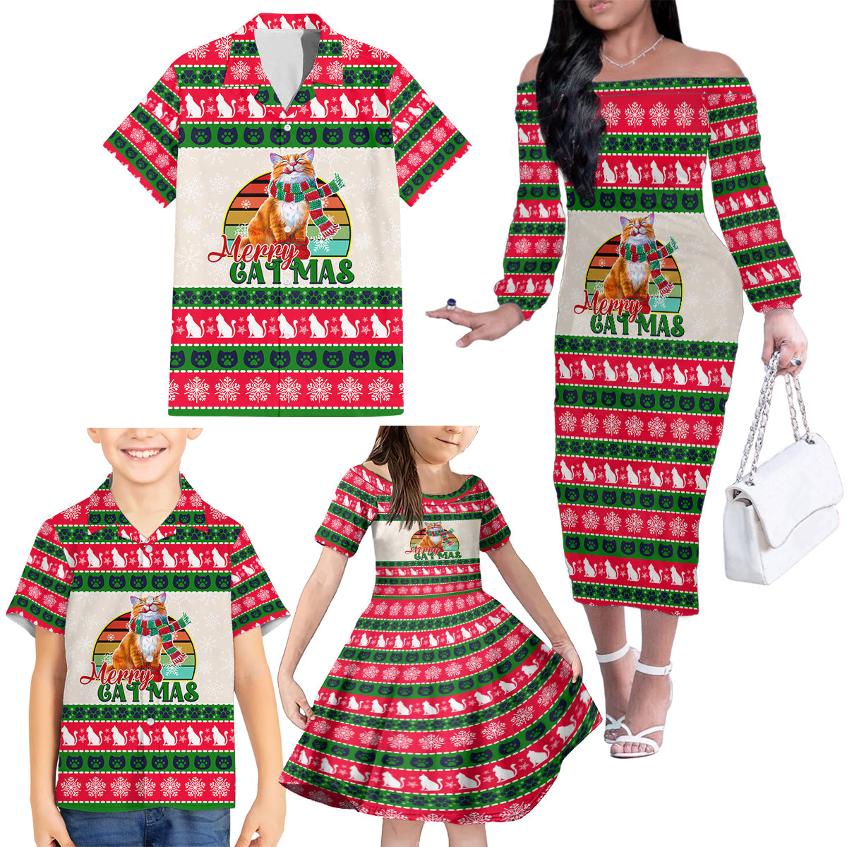 Merry Christmas Cat Family Matching Off Shoulder Long Sleeve Dress and Hawaiian Shirt Meowy Catmas Xmas Tree - Wonder Print Shop