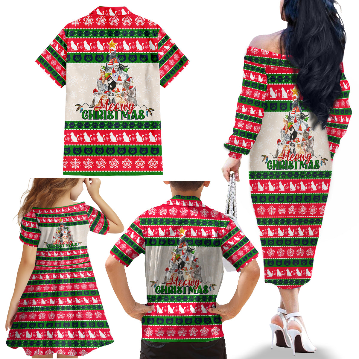 Merry Christmas Cat Family Matching Off Shoulder Long Sleeve Dress and Hawaiian Shirt Meowy Catmas Xmas Tree - Wonder Print Shop