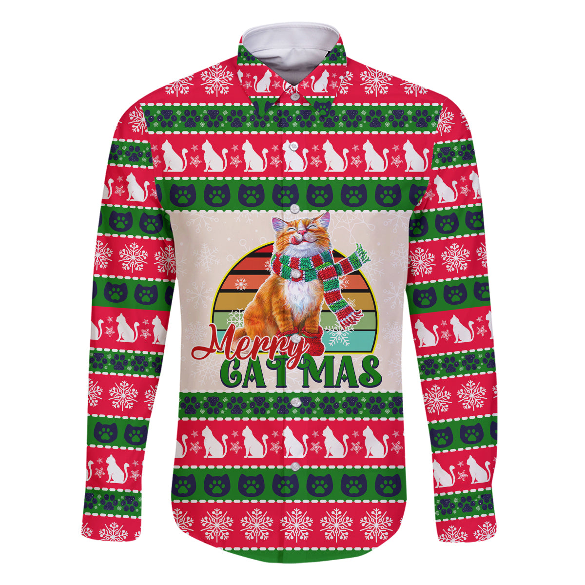 Merry Christmas Cat Family Matching Off Shoulder Long Sleeve Dress and Hawaiian Shirt Meowy Catmas Xmas Tree - Wonder Print Shop