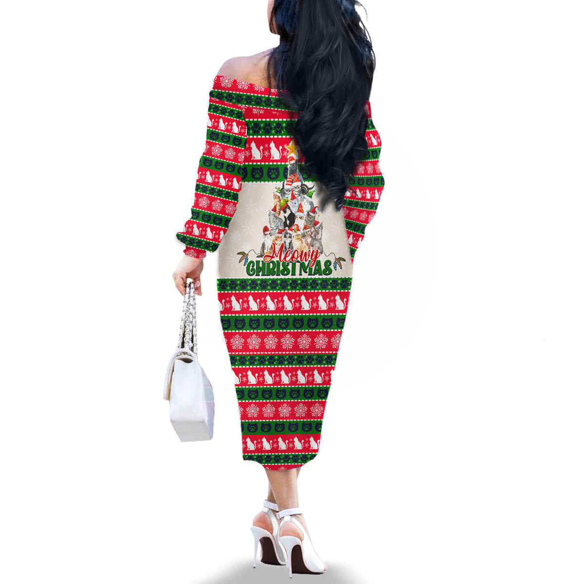 Merry Christmas Cat Family Matching Off Shoulder Long Sleeve Dress and Hawaiian Shirt Meowy Catmas Xmas Tree - Wonder Print Shop