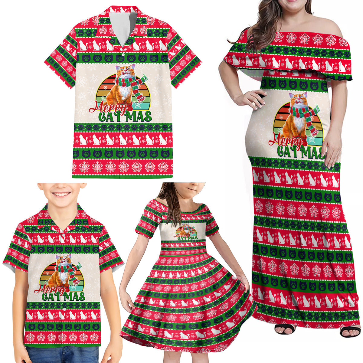 Merry Christmas Cat Family Matching Off Shoulder Maxi Dress and Hawaiian Shirt Meowy Catmas Xmas Tree - Wonder Print Shop