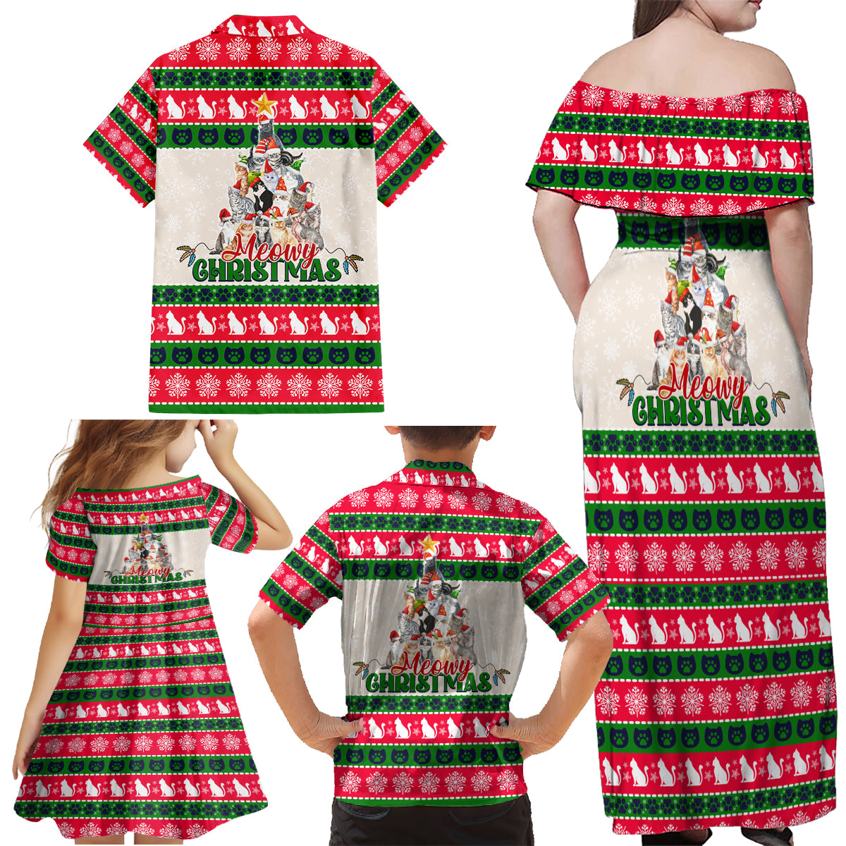 Merry Christmas Cat Family Matching Off Shoulder Maxi Dress and Hawaiian Shirt Meowy Catmas Xmas Tree - Wonder Print Shop