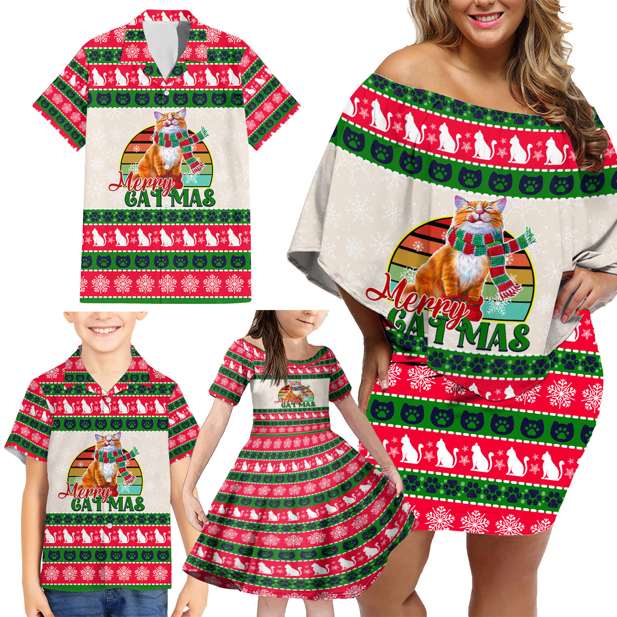 Merry Christmas Cat Family Matching Off Shoulder Short Dress and Hawaiian Shirt Meowy Catmas Xmas Tree - Wonder Print Shop